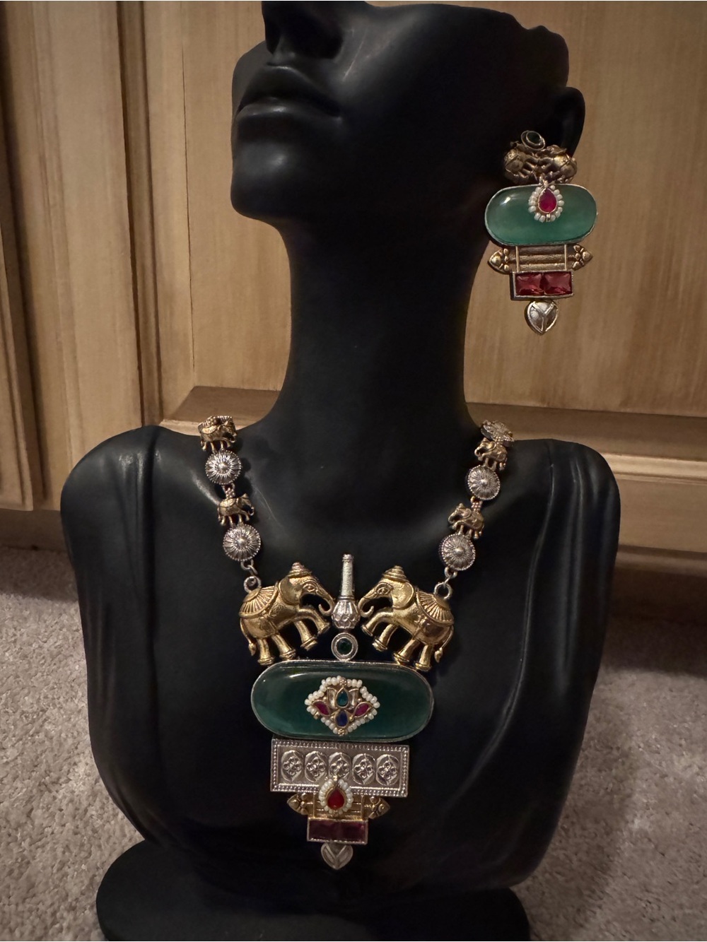 Green and Gold Elephant Statement Necklace Set - Women Jewelry